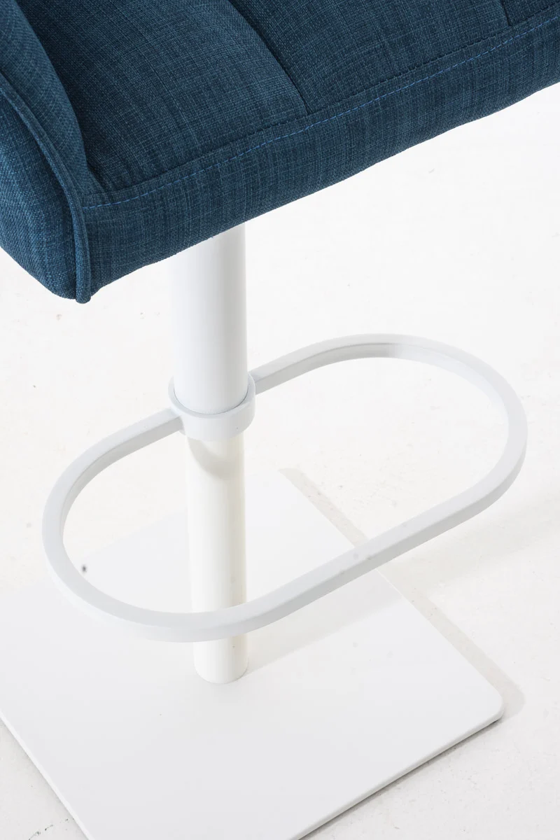 Tabouret de bar chaise haute de comptoir couture carrées assise en tissu bleu cadre en métal blanc 10_0004751