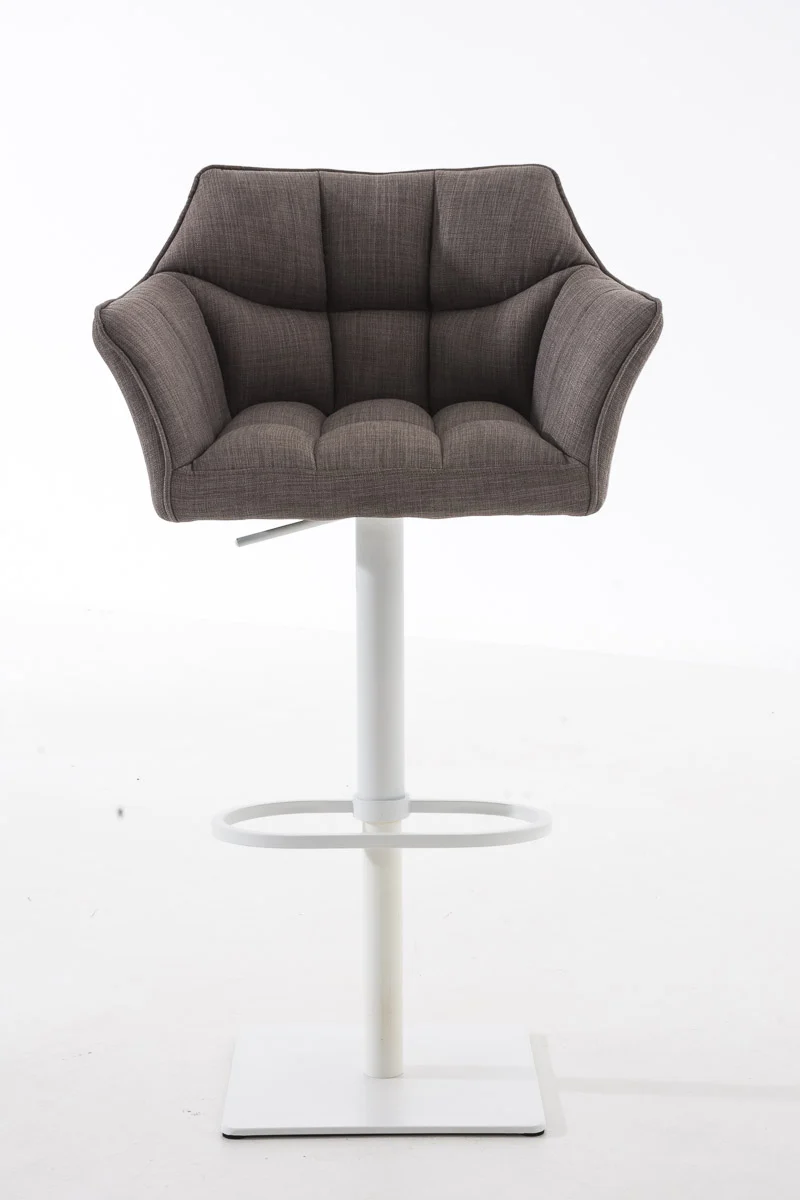 Tabouret de bar chaise haute de comptoir couture carrées assise en tissu gris cadre carré en métal blanc 10_0004754