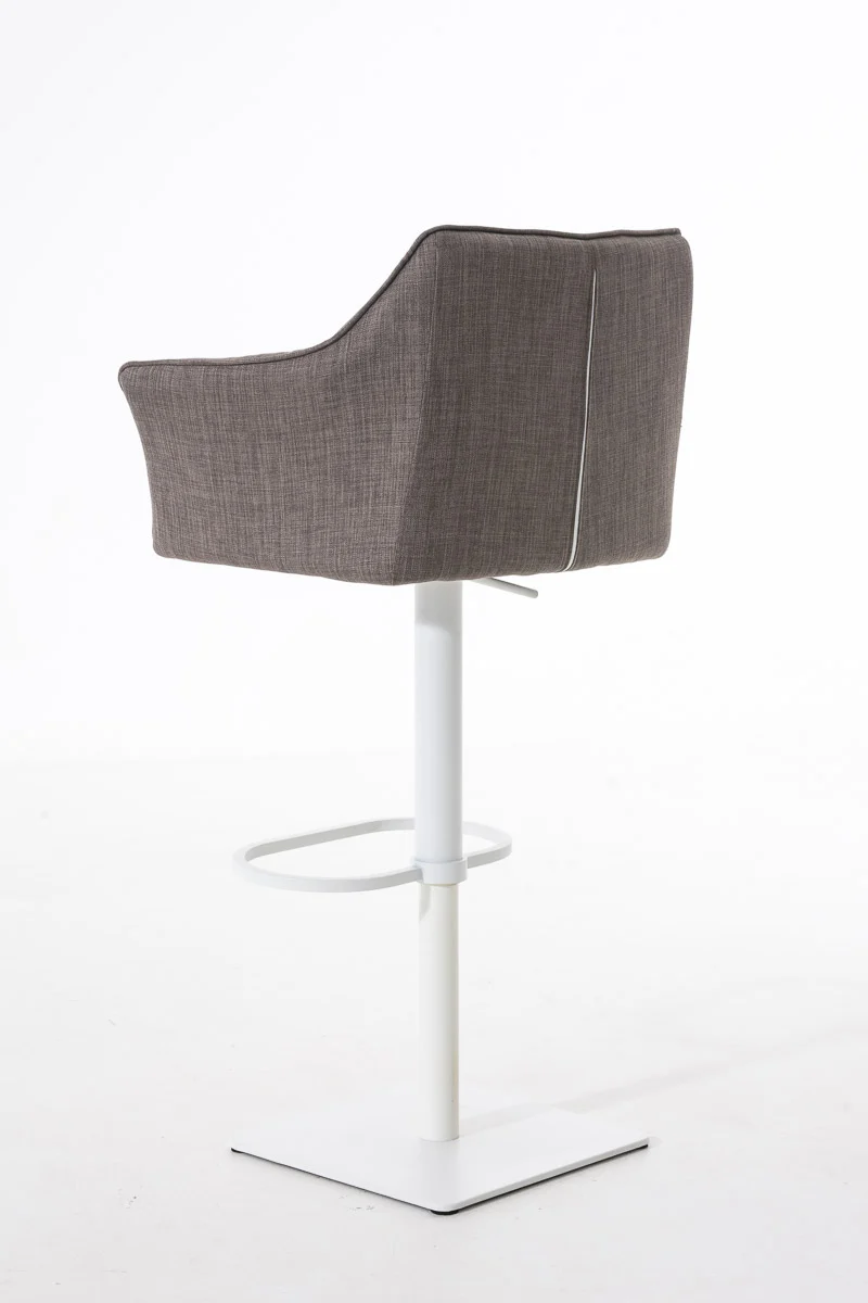 Tabouret de bar chaise haute de comptoir couture carrées assise en tissu gris cadre carré en métal blanc 10_0004754