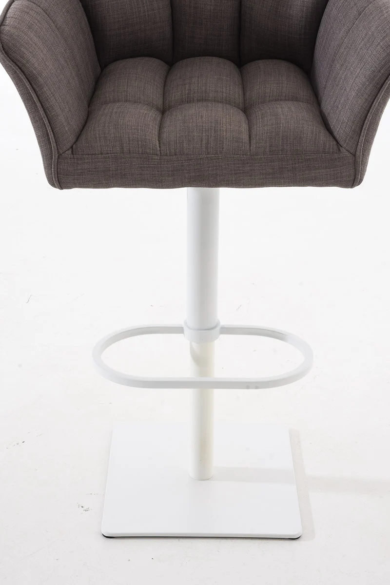 Tabouret de bar chaise haute de comptoir couture carrées assise en tissu gris cadre carré en métal blanc 10_0004754