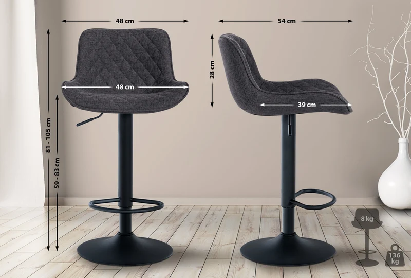 Lot de 2 tabourets de bar réglable et pivotant assise en tissu noir pieds métal noir TDB10611