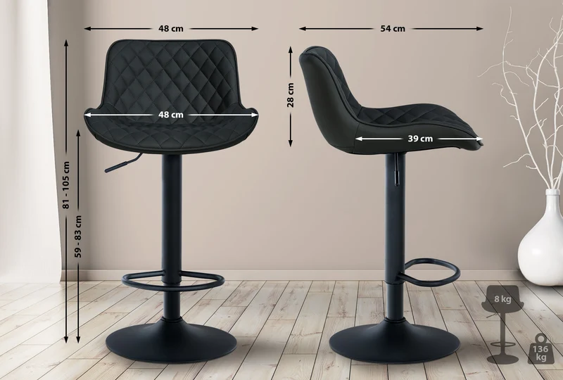 Tabouret de bar x1 assise avec coutures décoratives losange en PVC noir et pieds en métal noir 10_0005223