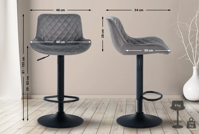 Lot de 2 tabourets de bar réglable et pivotant assise en velours gris pieds métal noir TDB10608