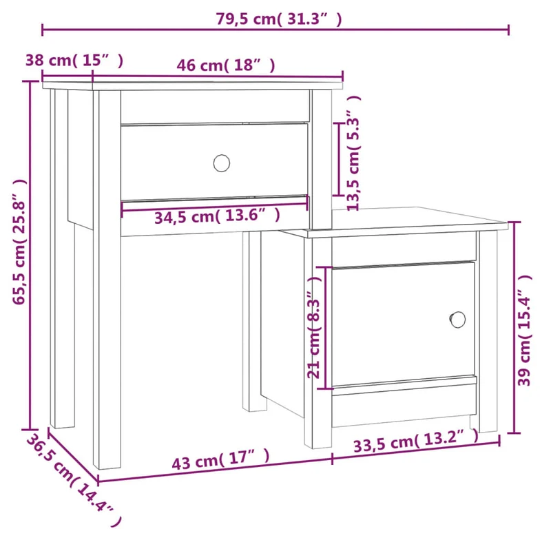 Lot de 2 tables de chevet avec tiroir et compartiment avec porte 79,5 x 38 x 65,5 cm bois de pin blanc DEC034977