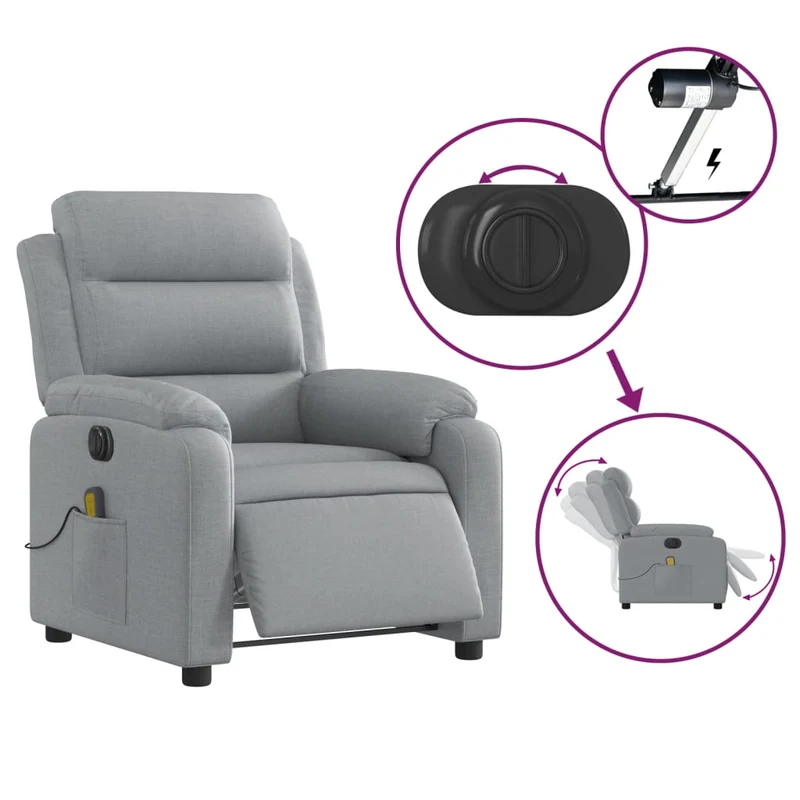 Fauteuil de relaxation TV fonction massage inclinable électrique en tissu gris clair DEC027161