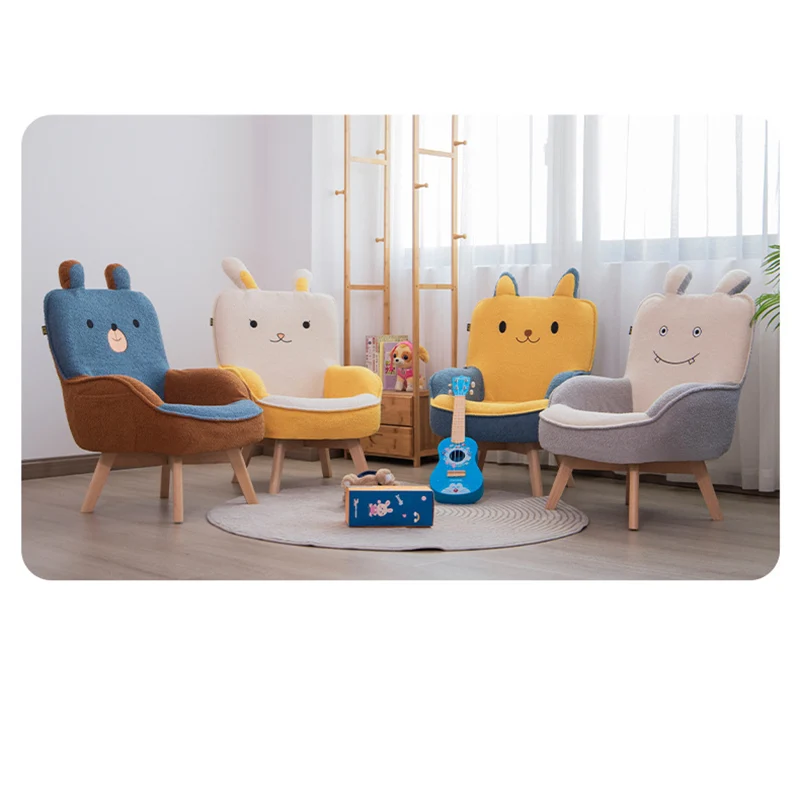 Contemporary Creative Cartoon Embroidery Teddy Velvet Beech Wood Kids Accent Chair Backrest Armrest For Living Room