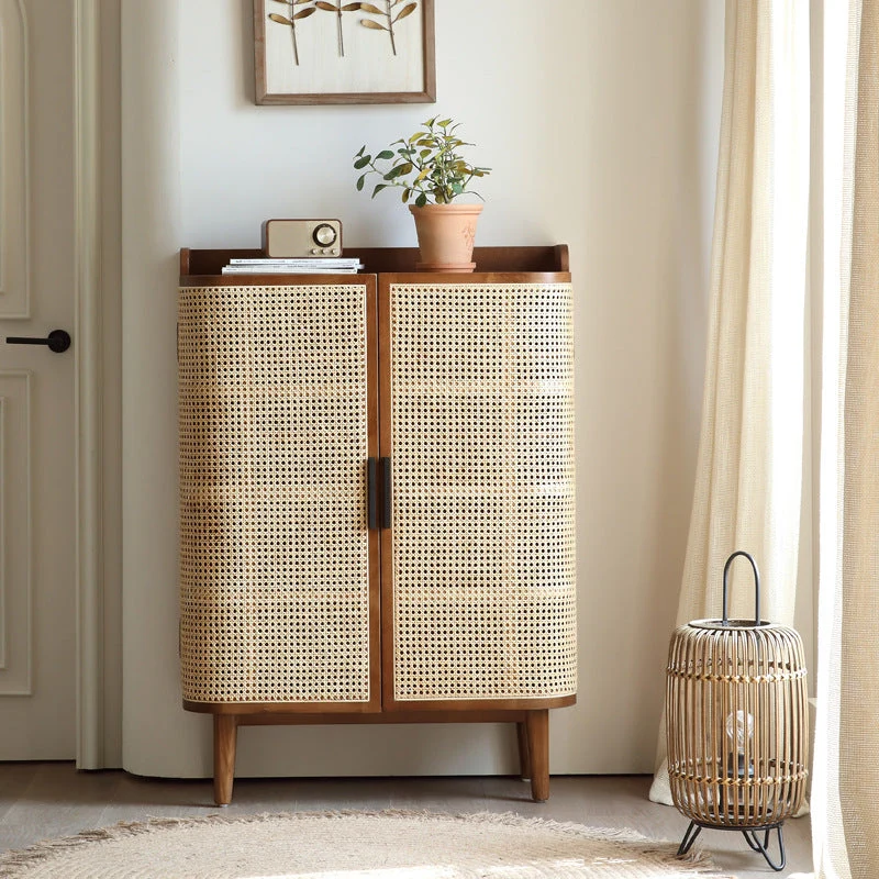 Traditional Vintage Rectangular Ash Wood Indonesian Rattan Shoe Storage 5-Tier For Entryways