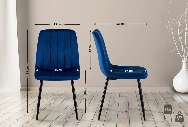 Chaise de salle à manger x1 coutures décoratives verticales assise en tissu velours bleu pieds en métal noir 10_0002198