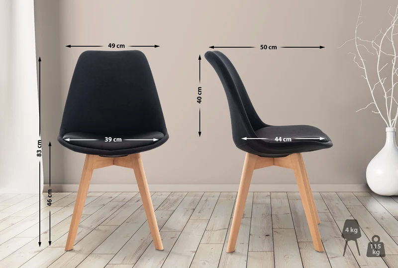 Chaise de salle à manger x1 design scandinave en tissu noir et pieds en bois clair 10_0002292