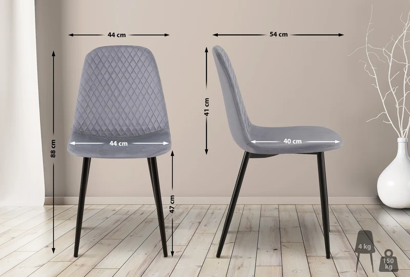 Chaise de salle à manger x1 coutures décoratives losanges assise en velours gris pieds métal noir mat 10_0002248