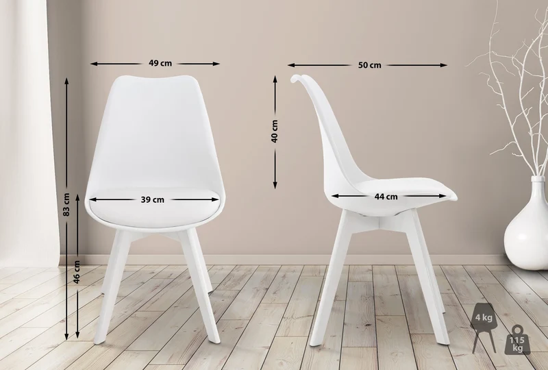 Chaise de salle à manger x1 design scandinave en plastique et PVC blanc et pieds en bois blanc 10_0002274