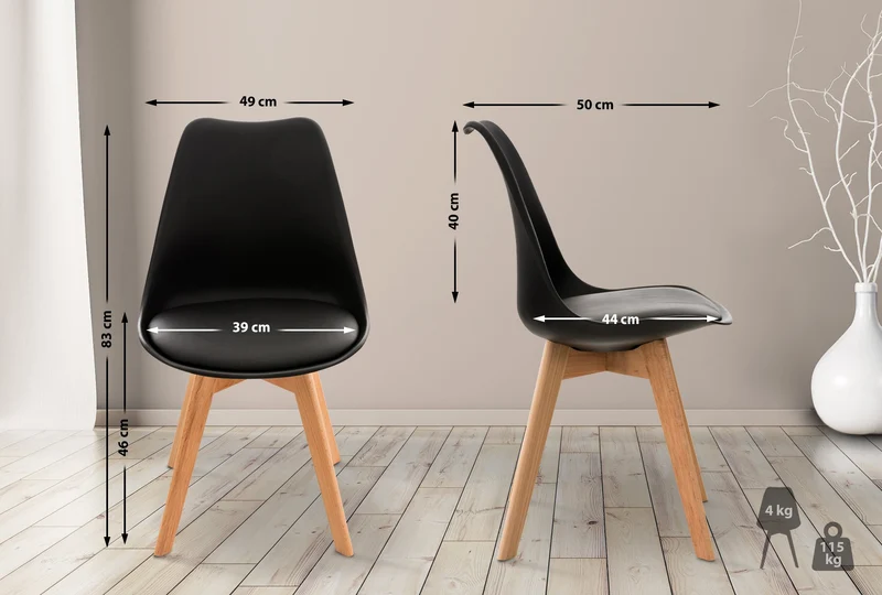 Chaise de salle à manger x1 design scandinave en plastique et PVC noir et pieds en bois clair 10_0002271