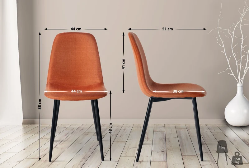 Chaise de salle à manger x1 design simple avec pieds en métal noir assise en tissu orange 10_0002072