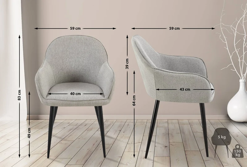 Chaise de salle à manger moderne et confortable en tissu gris et pieds en métal noir 10_0001999