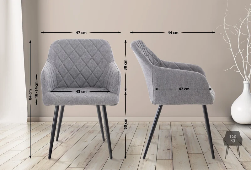 Chaise de salle à manger design retro coutures décoratives en losanges assise en tissu gris 10_0002110