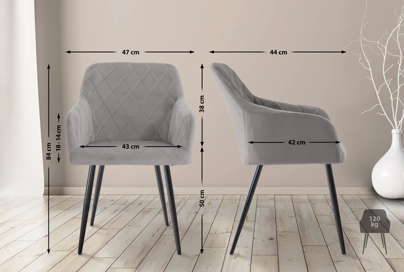 Chaise de salle à manger design retro coutures décoratives en losanges assise en tissu gris 10_0002108