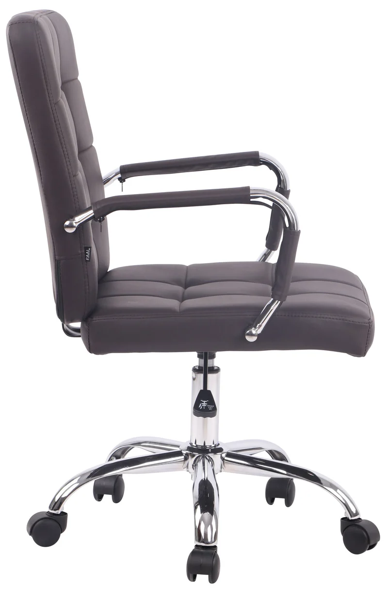 Chaise de bureau sur roulettes coutures décoratives carrées accoudoirs en PVC marron et métal chromé 10_0002467