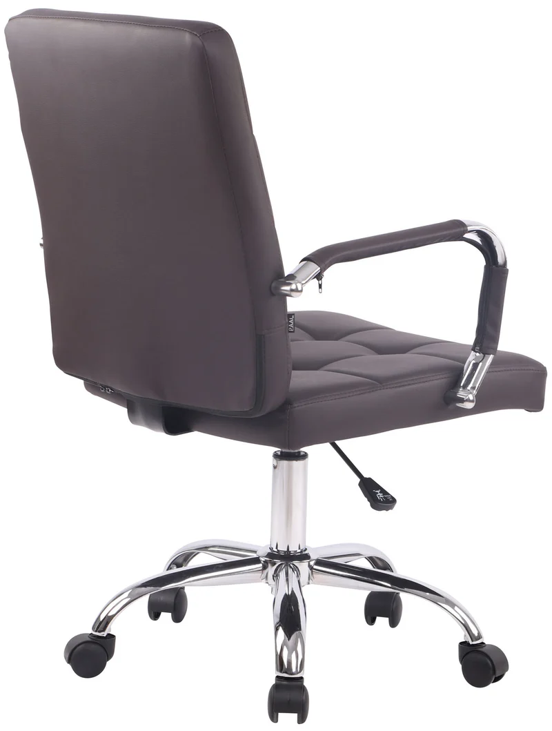 Chaise de bureau sur roulettes coutures décoratives carrées accoudoirs en PVC marron et métal chromé 10_0002467