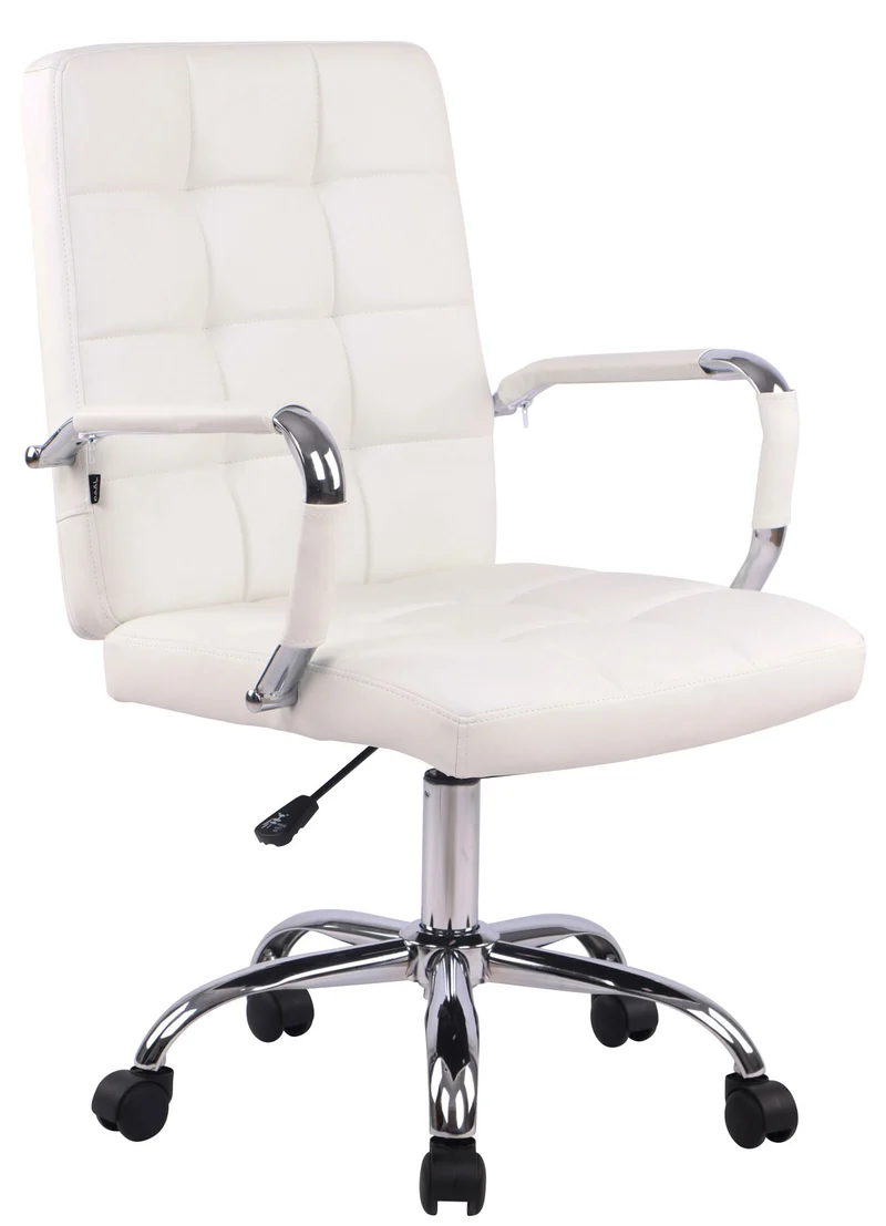 Chaise de bureau sur roulettes coutures décoratives carrées accoudoirs en PVC blanc et métal chromé 10_0002466