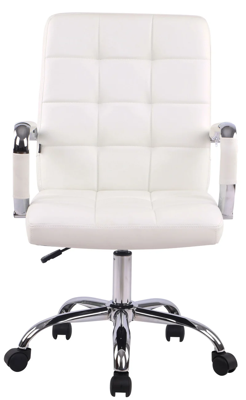 Chaise de bureau sur roulettes coutures décoratives carrées accoudoirs en PVC blanc et métal chromé 10_0002466