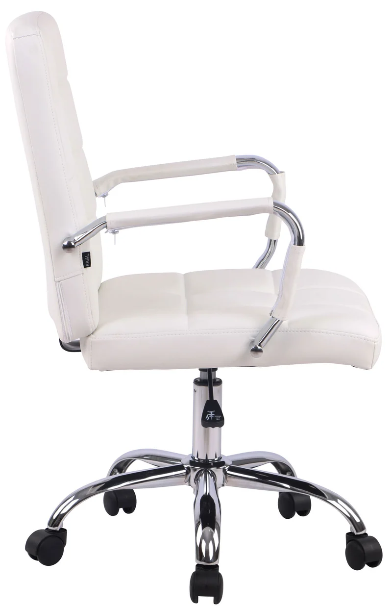 Chaise de bureau sur roulettes coutures décoratives carrées accoudoirs en PVC blanc et métal chromé 10_0002466