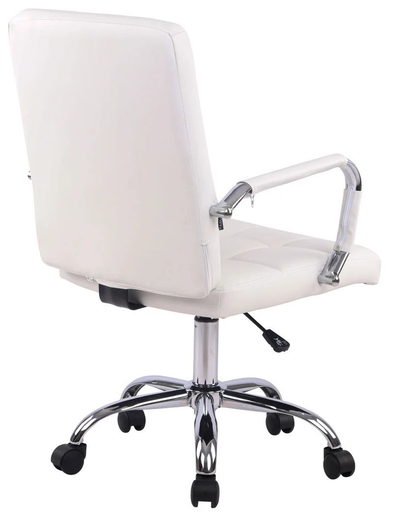 Chaise de bureau sur roulettes coutures décoratives carrées accoudoirs en PVC blanc et métal chromé 10_0002466