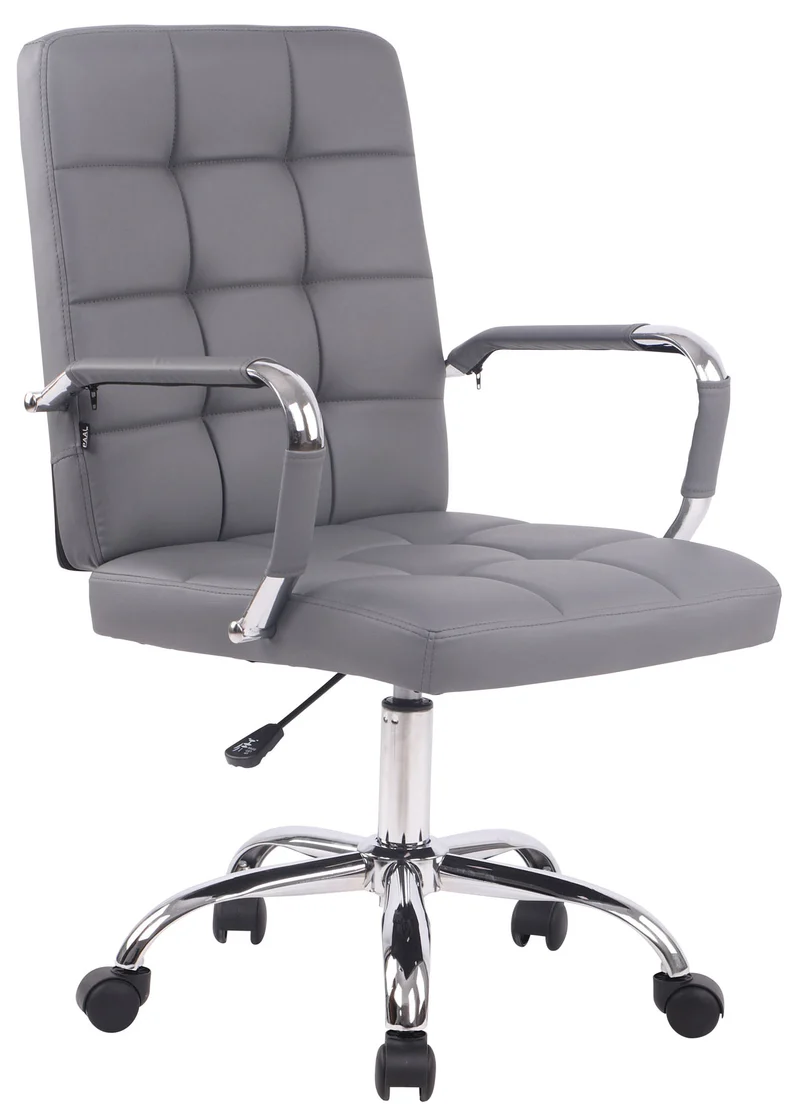 Chaise de bureau sur roulettes coutures décoratives carrées accoudoirs en PVC gris et métal chromé 10_0002464
