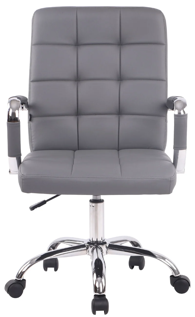 Chaise de bureau sur roulettes coutures décoratives carrées accoudoirs en PVC gris et métal chromé 10_0002464