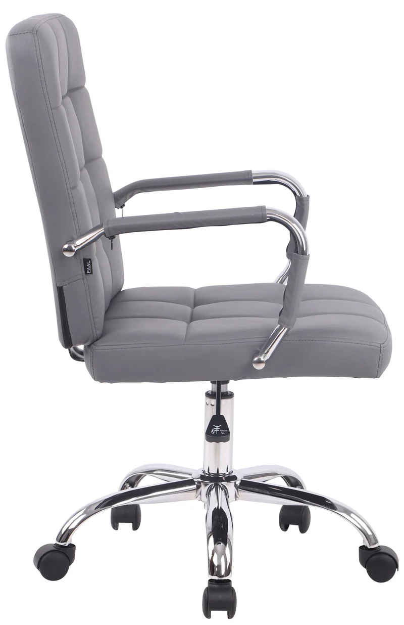 Chaise de bureau sur roulettes coutures décoratives carrées accoudoirs en PVC gris et métal chromé 10_0002464