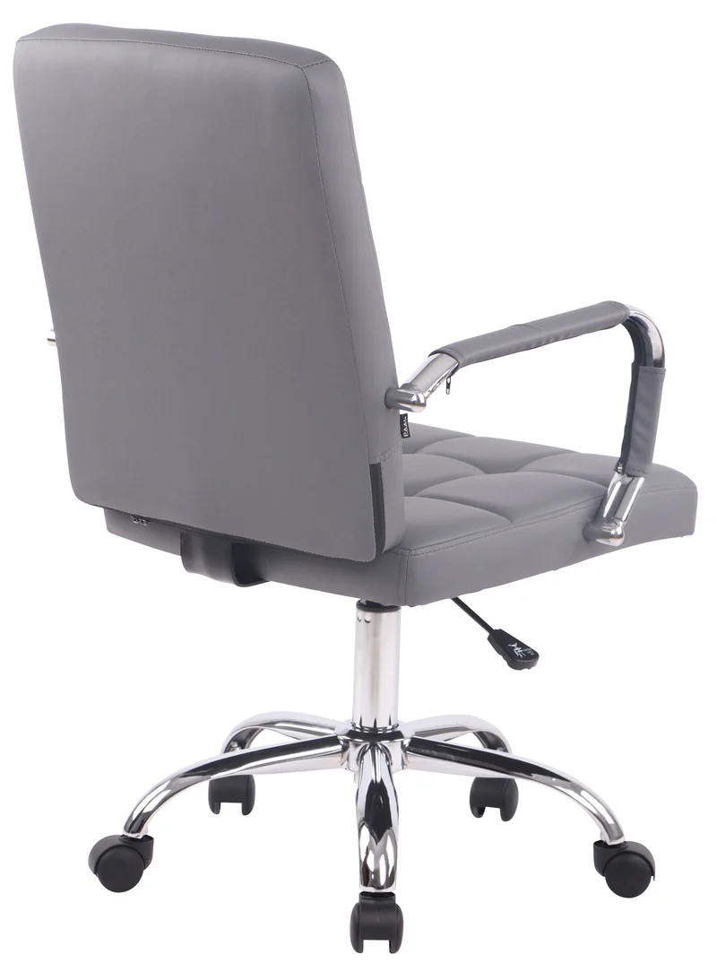 Chaise de bureau sur roulettes coutures décoratives carrées accoudoirs en PVC gris et métal chromé 10_0002464