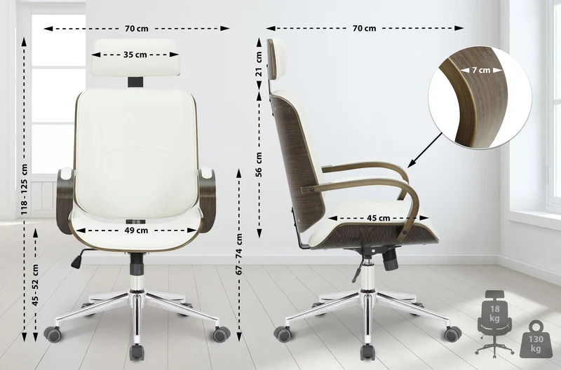 Chaise de bureau dossier et l'appuie-tête en métal PVC blanc et cadre en bois gris 10_0002456