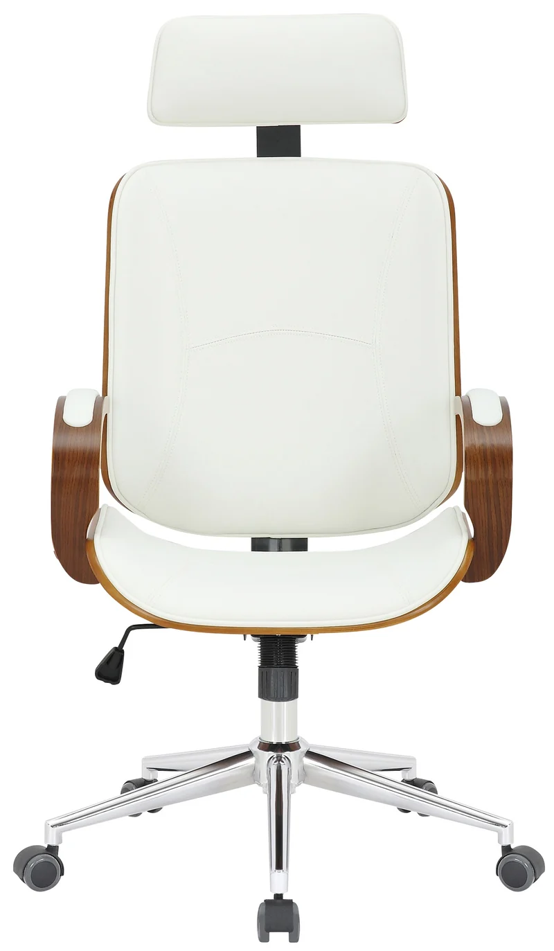 Chaise de bureau dossier et l'appuie-tête en métal PVC blanc et cadre en bois noyer 10_0002454