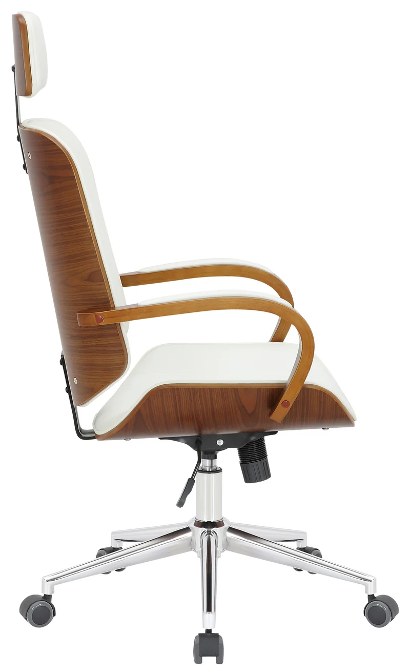 Chaise de bureau dossier et l'appuie-tête en métal PVC blanc et cadre en bois noyer 10_0002454