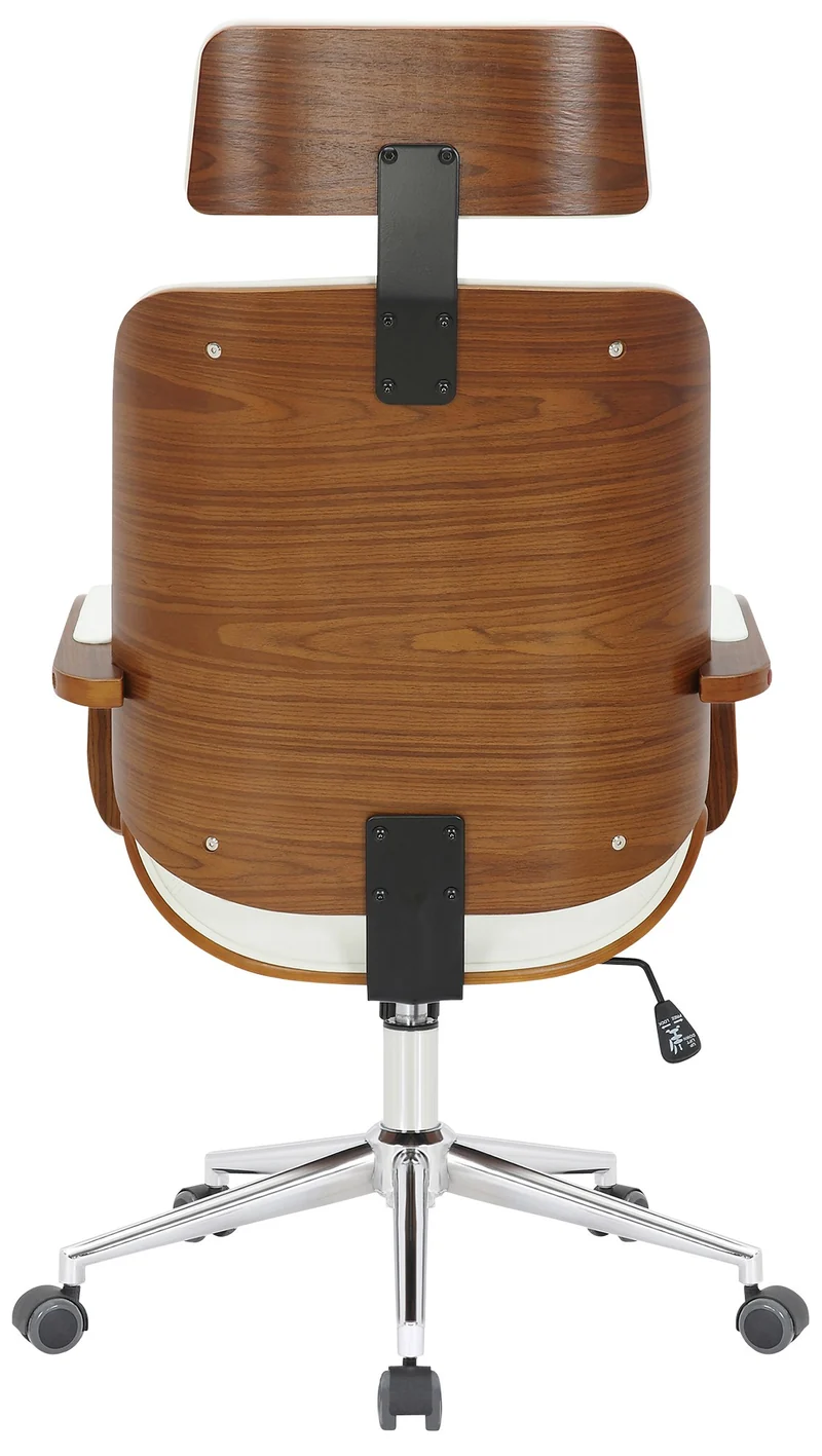 Chaise de bureau dossier et l'appuie-tête en métal PVC blanc et cadre en bois noyer 10_0002454