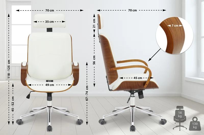 Chaise de bureau dossier et l'appuie-tête en métal PVC blanc et cadre en bois noyer 10_0002454