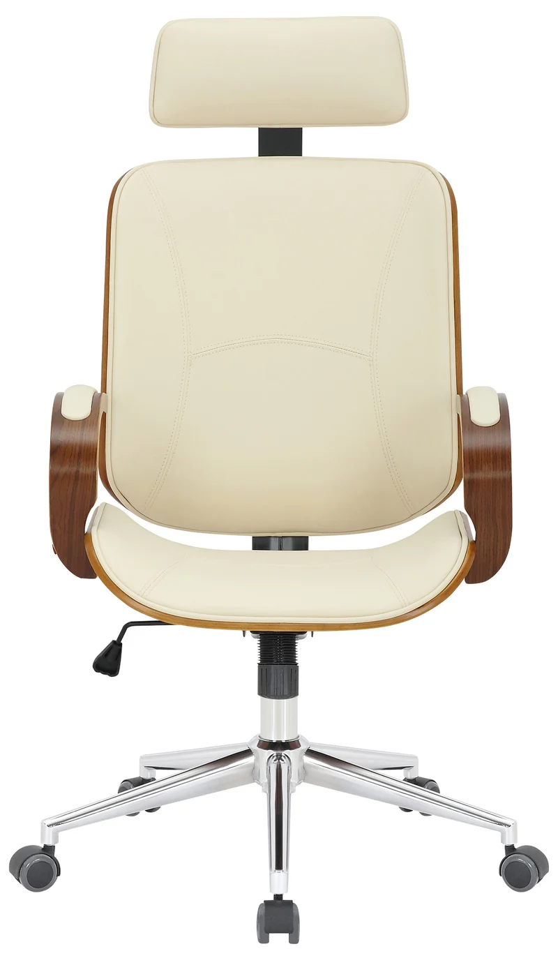 Chaise de bureau dossier et l'appuie-tête en métal PVC crème et cadre en bois noyer 10_0002453