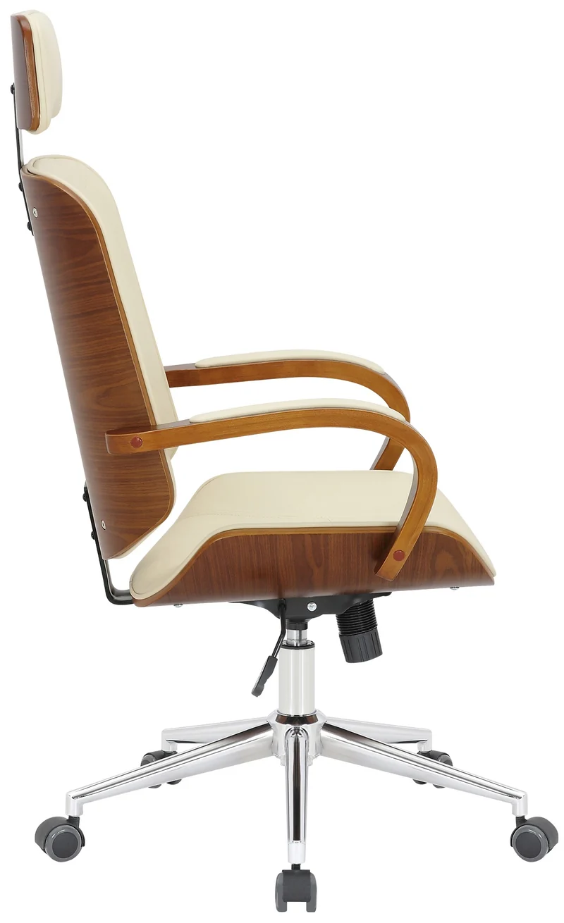 Chaise de bureau dossier et l'appuie-tête en métal PVC crème et cadre en bois noyer 10_0002453