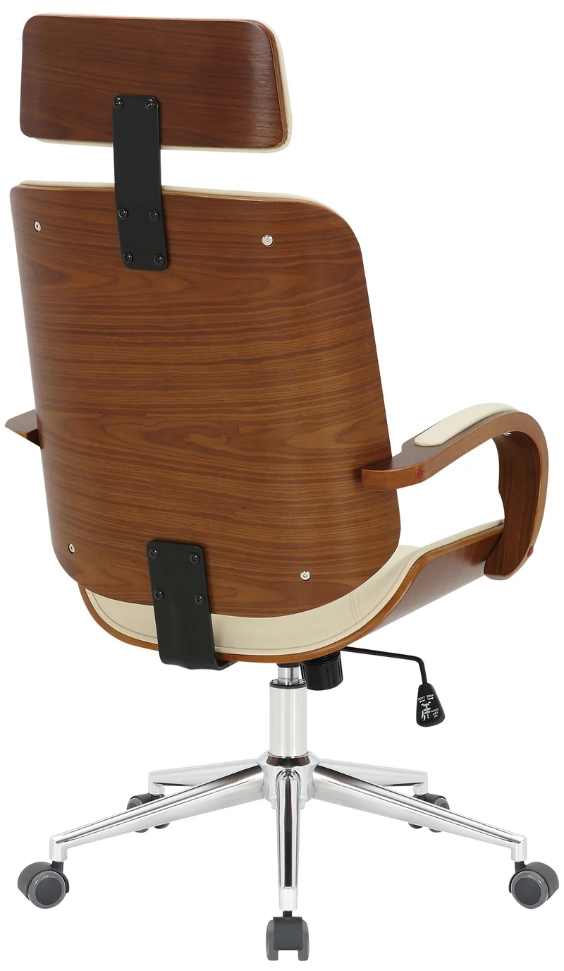 Chaise de bureau dossier et l'appuie-tête en métal PVC crème et cadre en bois noyer 10_0002453