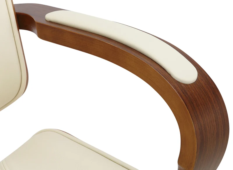 Chaise de bureau dossier et l'appuie-tête en métal PVC crème et cadre en bois noyer 10_0002453