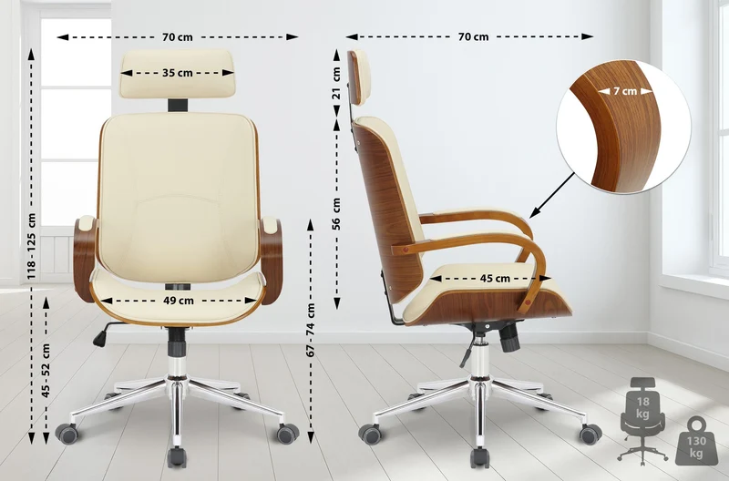 Chaise de bureau dossier et l'appuie-tête en métal PVC crème et cadre en bois noyer 10_0002453