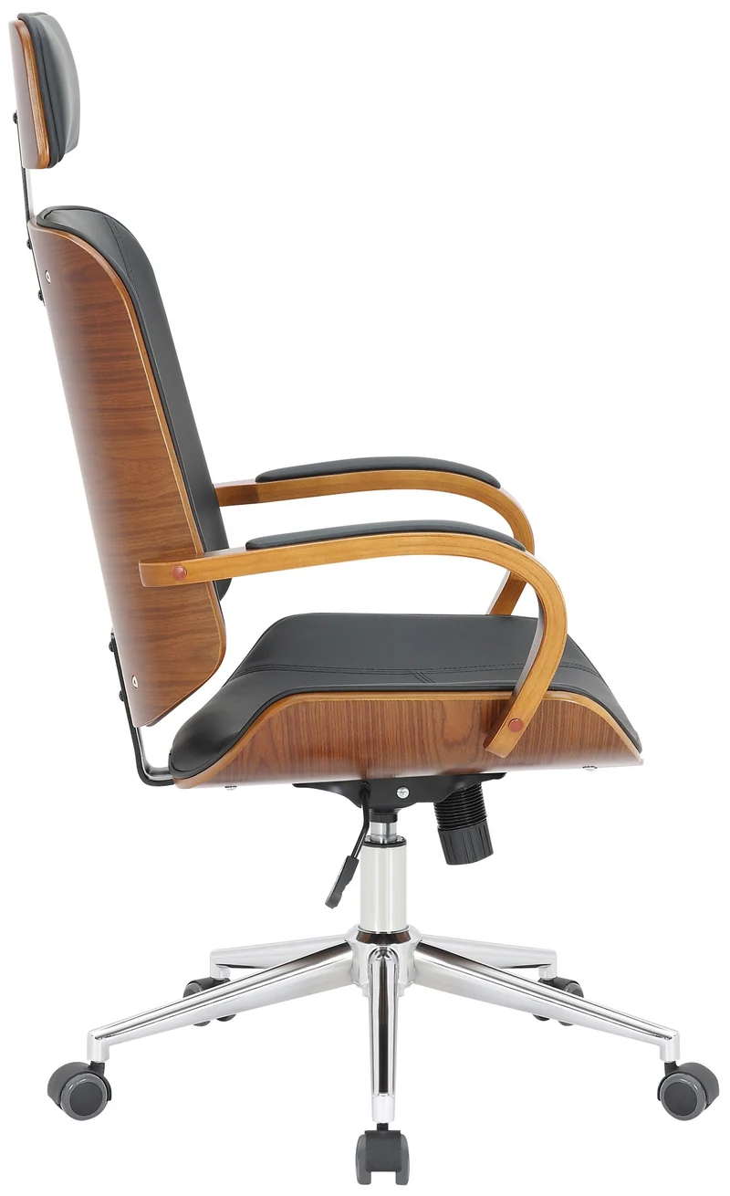 Chaise de bureau dossier et l'appuie-tête en métal PVC noir et cadre en bois noyer 10_0002452