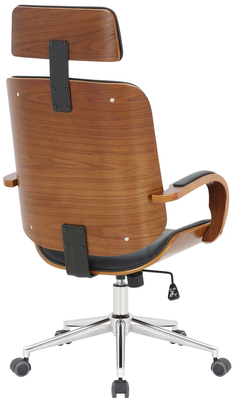 Chaise de bureau dossier et l'appuie-tête en métal PVC noir et cadre en bois noyer 10_0002452