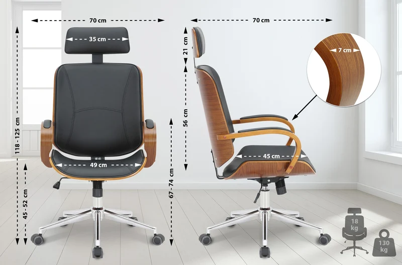 Chaise de bureau dossier et l'appuie-tête en métal PVC noir et cadre en bois noyer 10_0002452