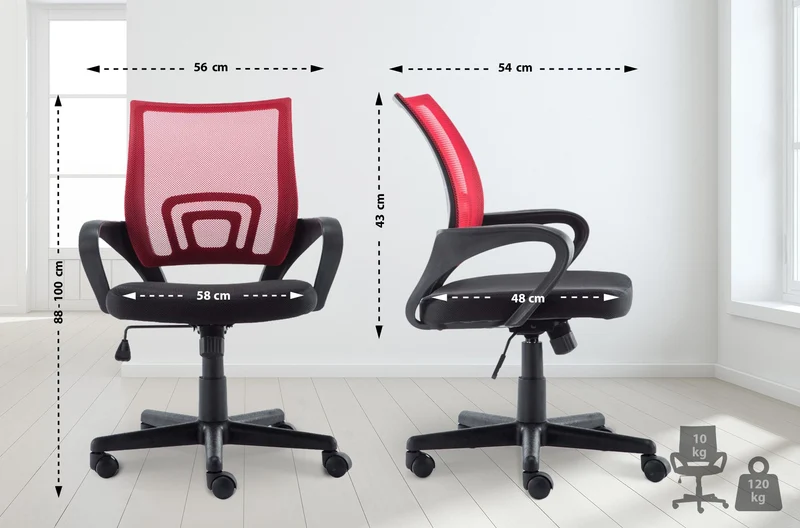 Fauteuil de bureau sur roulettes hauteur réglable en maille de filet de nylon rouge 10_0002498