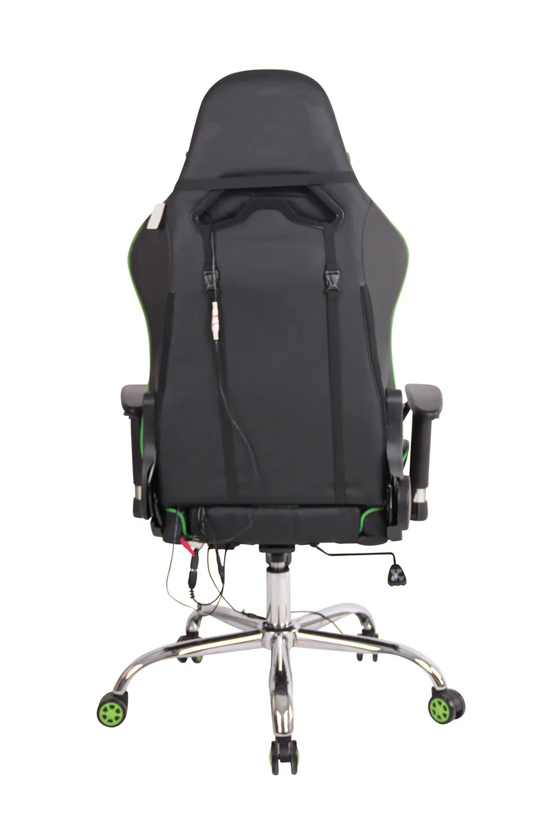 Fauteuil de bureau gamer design sportif fonction de massage chauffant avec coussins en PVC noir / vert 10_0002532