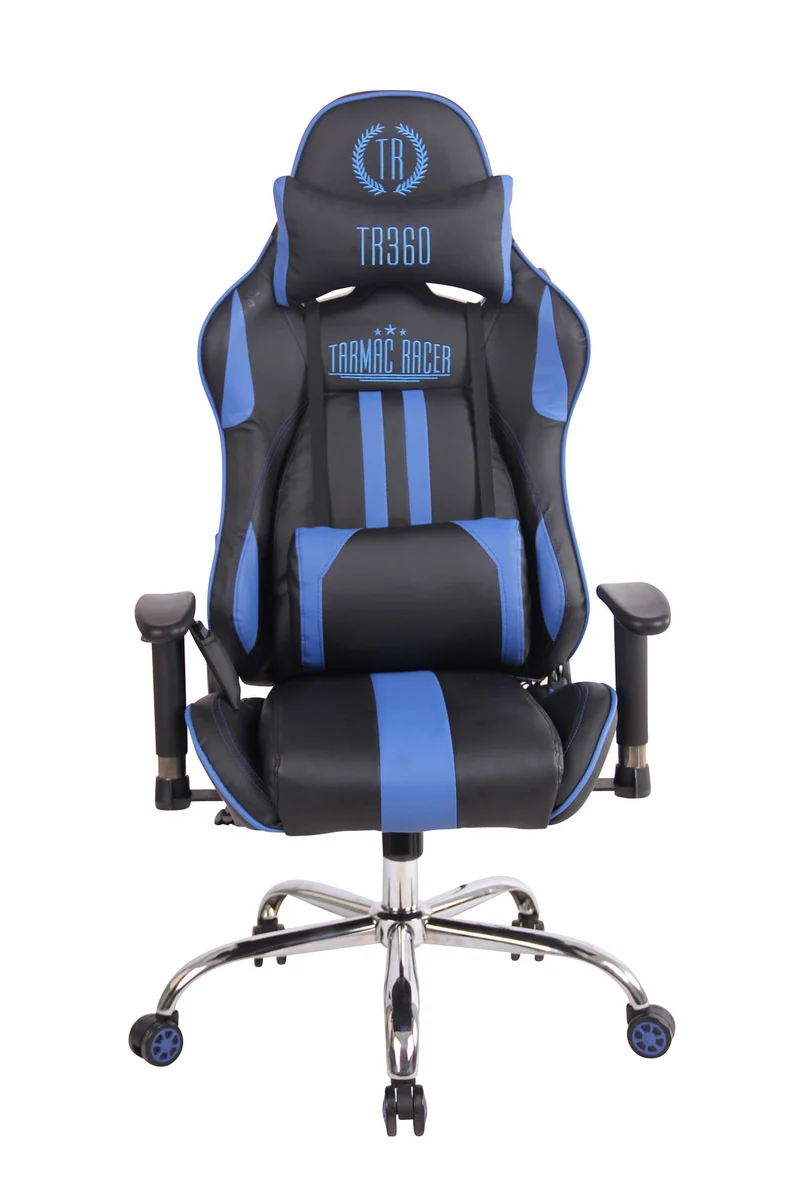 Fauteuil de bureau gamer design sportif fonction de massage chauffant avec coussins en PVC noir / bleu 10_0002530