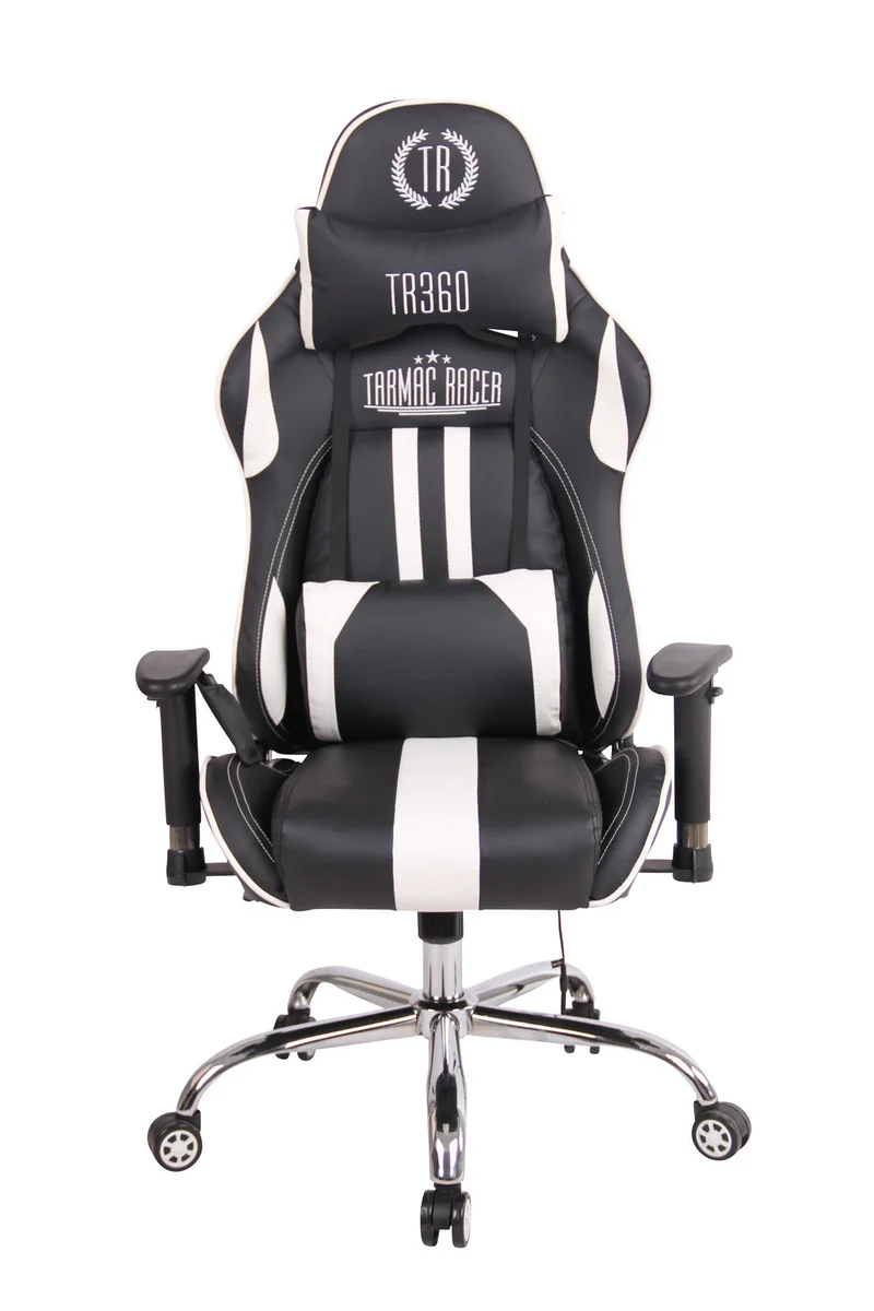 Fauteuil de bureau gamer design sportif fonction de massage chauffant avec coussins en PVC noir / blanc 10_0002529