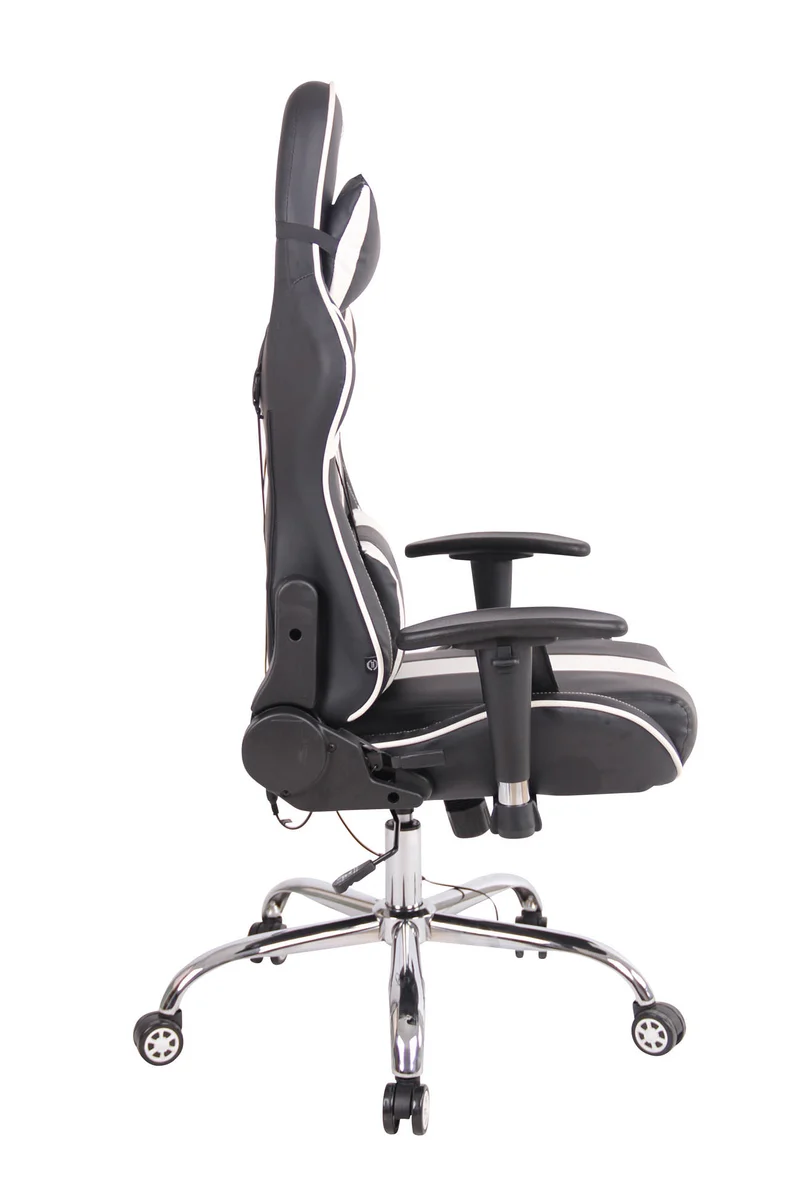 Fauteuil de bureau gamer design sportif fonction de massage chauffant avec coussins en PVC noir / blanc 10_0002529