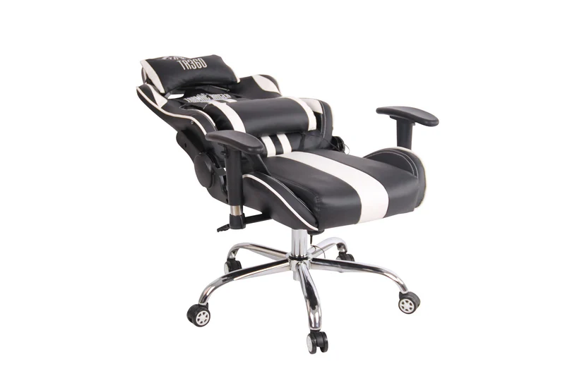 Fauteuil de bureau gamer design sportif fonction de massage chauffant avec coussins en PVC noir / blanc 10_0002529