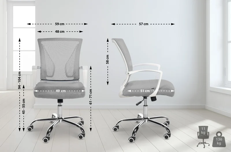 Chaise de bureau hauteur réglable avec revêtement en maille respirante microfibre gris pieds métal chromé 10_0002690